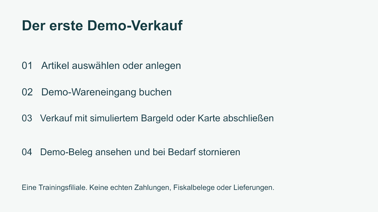 Demo-Verkauf: Artikel anlegen, Bestand einbuchen, Zahlung simulieren und Demo-Beleg ansehen